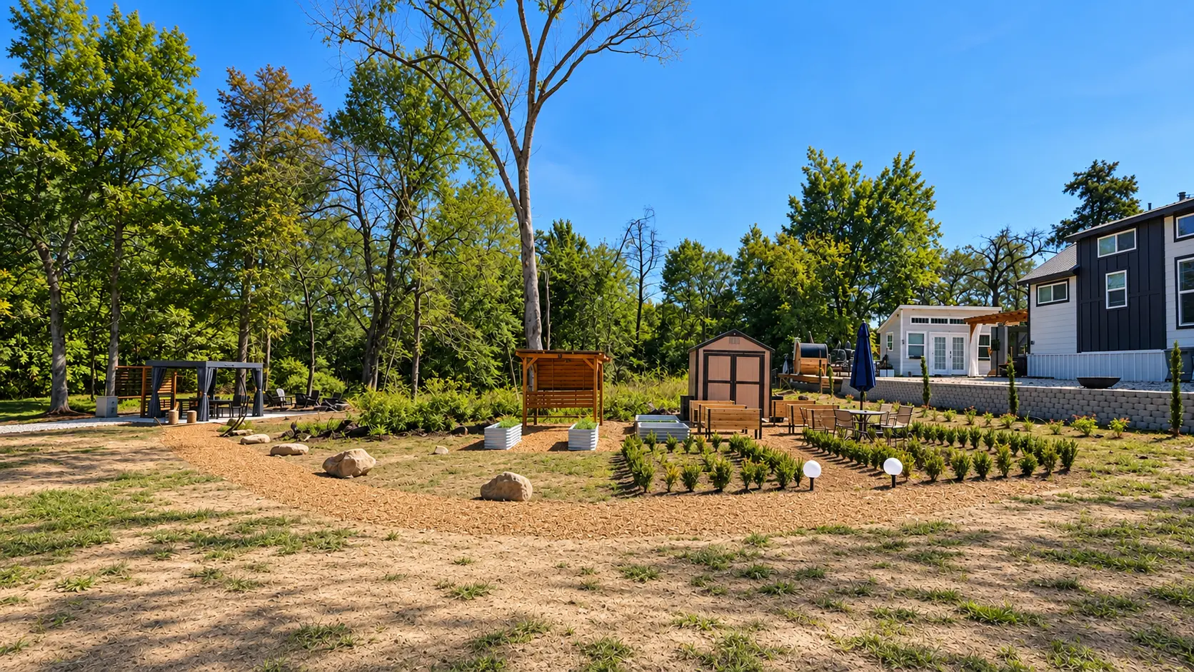 Landscaped woodland garden and wellness grounds at Sage by the Pond