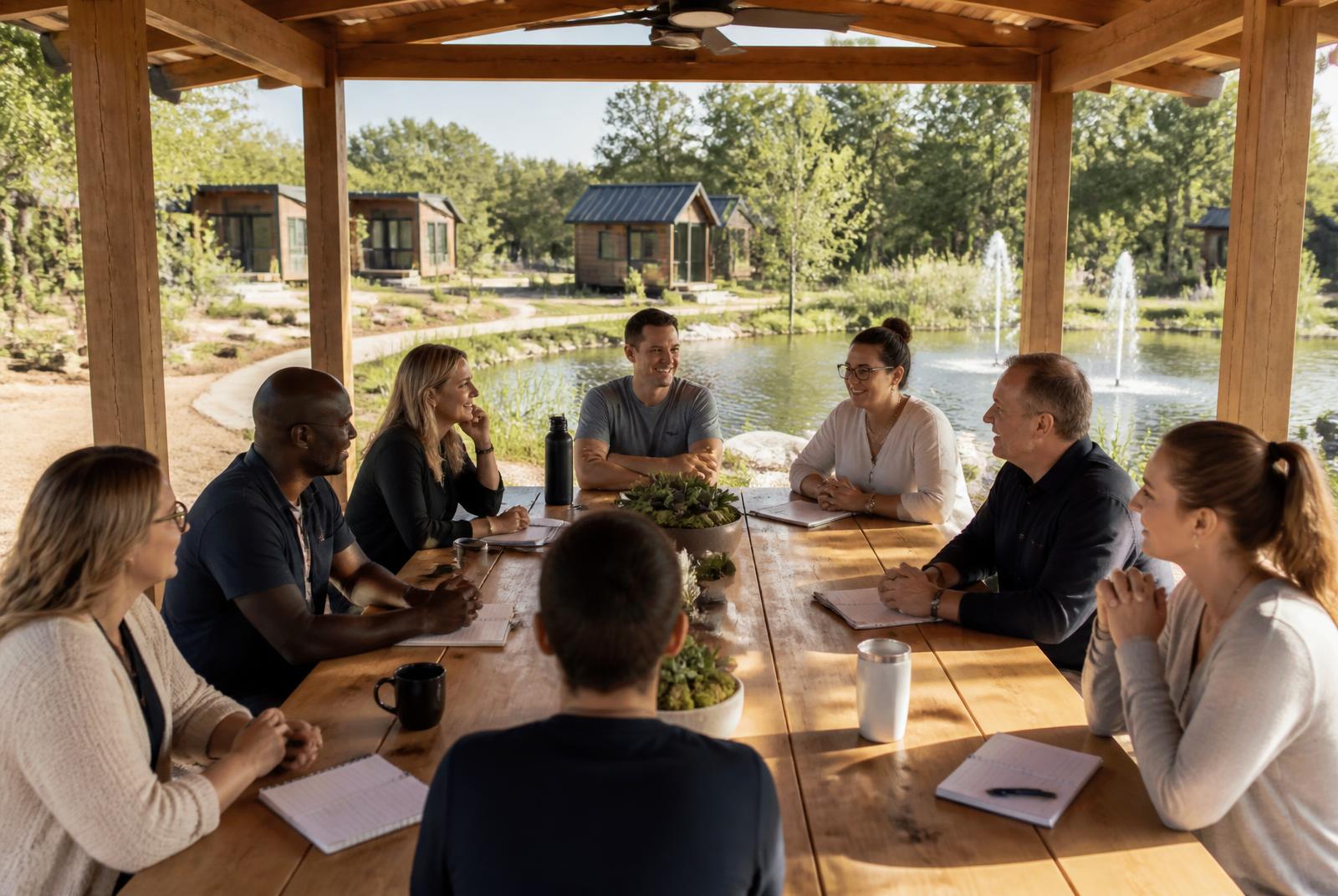 A small group gathering outdoors at Sage by the Pond